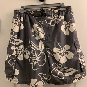 Men's Black Floral Cargo Swim Shorts with Elastic Drawstring